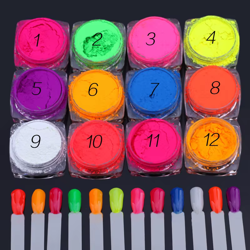 Ensemble de poudre de pigment au phosphore néon des années 2013, 12 pièces, paillettes fluorescentes