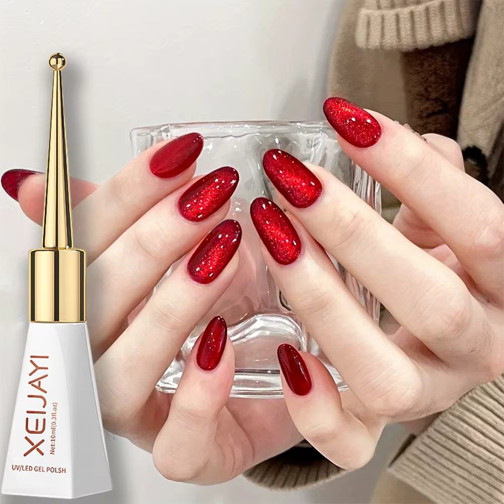 Vernis à ongles Gel œil de chat rouge rubis, vin rouge cerise Dopamine paillettes, tremper LED/UV, m