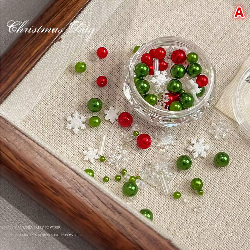 1 boîte de strass pour ongles, perles rouges/vertes de noël, taille mixte, perles colorées nacrées, 