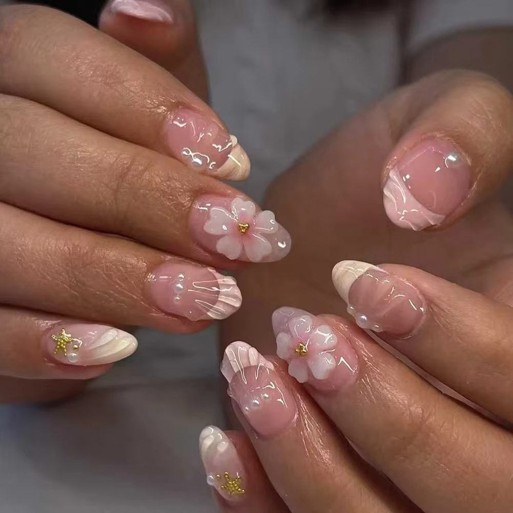 Faux ongles press-on faits main, motif fleur de cerisier estivale, coquille rose en relief 3D, forme