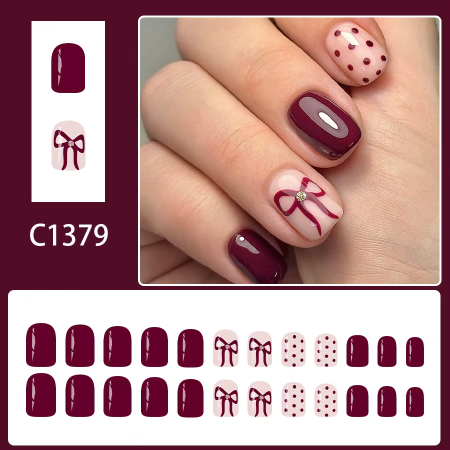 Faux ongles carrés courts à pression pour femmes, 24 pièces, points de vin rouge brillant, nœud à pa