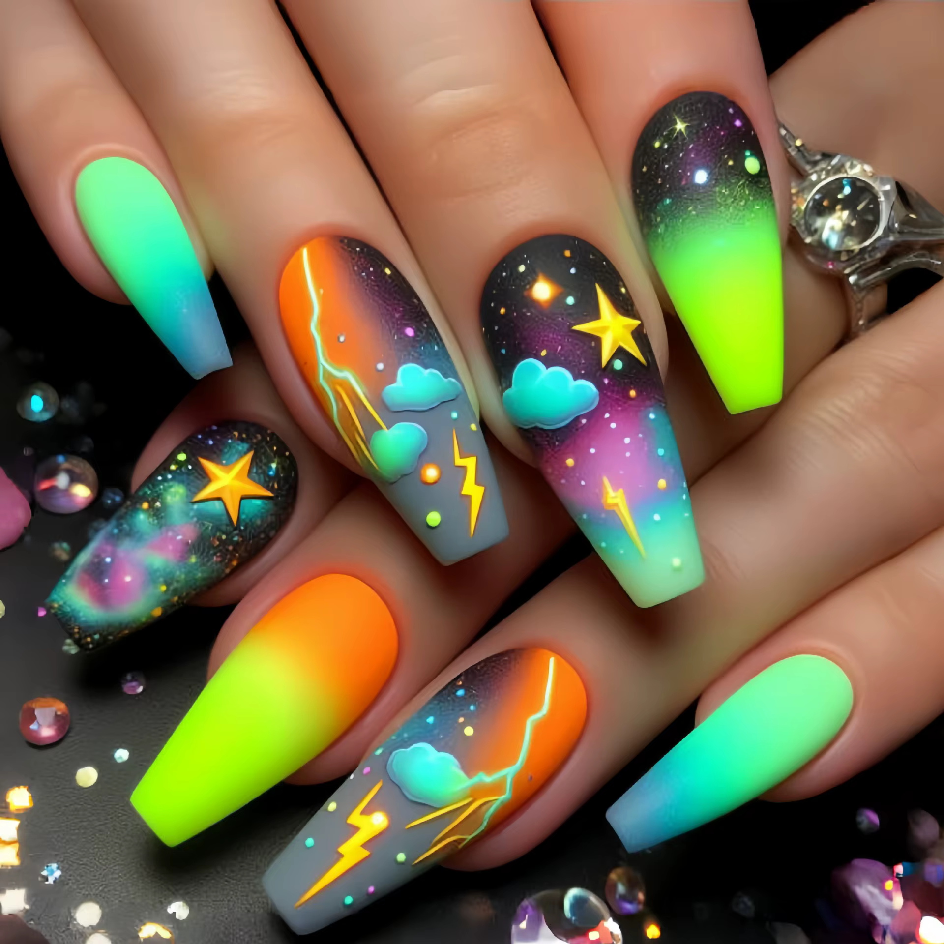 24 pièces ciel étoilé foudre motif presse sur ongles dégradé vert faux ongles portable réutilisable