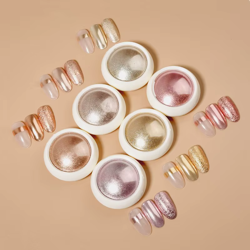 Poudre à ongles chromée, 6 pièces, effet pailmétrage, holographique, or rose
