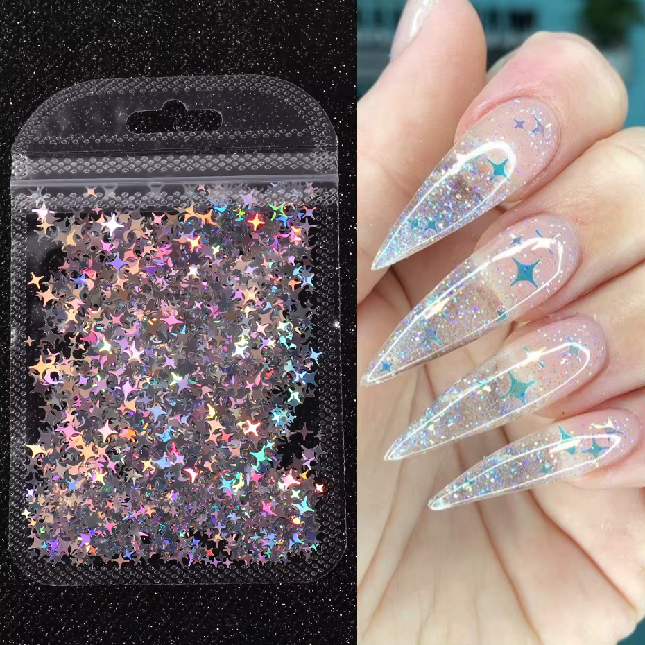 Paillettes holographiques pour ongles, étoile à quatre branches, Design Laser scintillant, breloque 