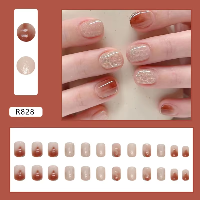 24 pièces faux ongles avec Design faux ongles carrés courts avec breloques de colle auto-ongle Rose 