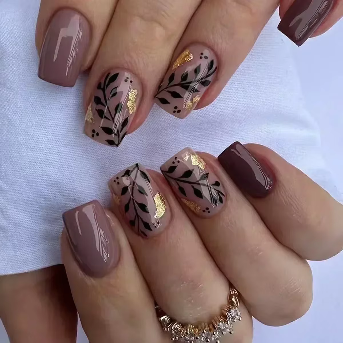 Faux ongles carrés courts en forme de fleur ambre, avec colle, dessins d'automne portables, à pressi