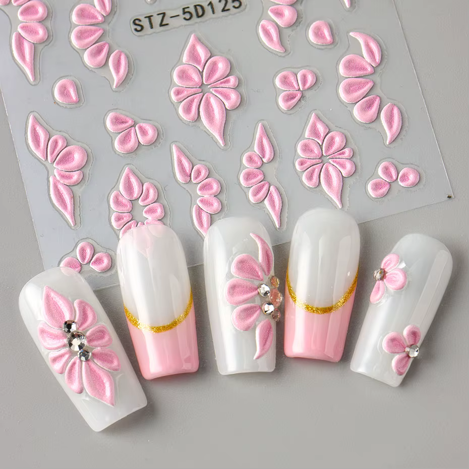 Autocollants pour ongles en forme de fleur en relief 5D, motifs élégants de pétales blancs, roses et