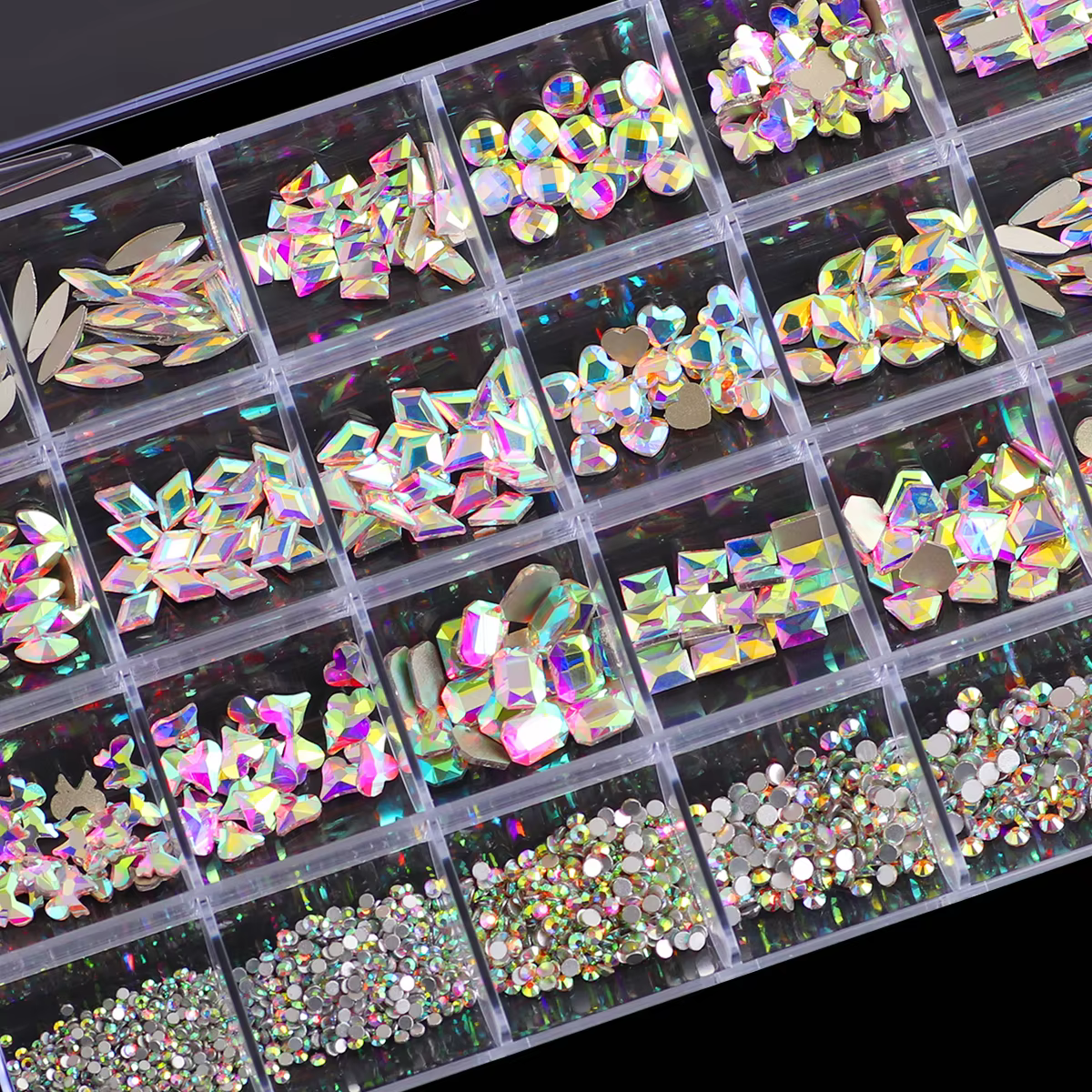 1 boîte de kits de diamants pour ongles 3D multi-formes-24 grilles de pierres précieuses en cristal 