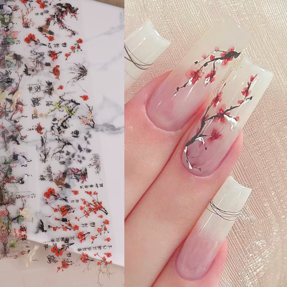 10 pièces feuilles à ongles caractère chinois grue bambou poisson fleur prune autocollant curseur tr