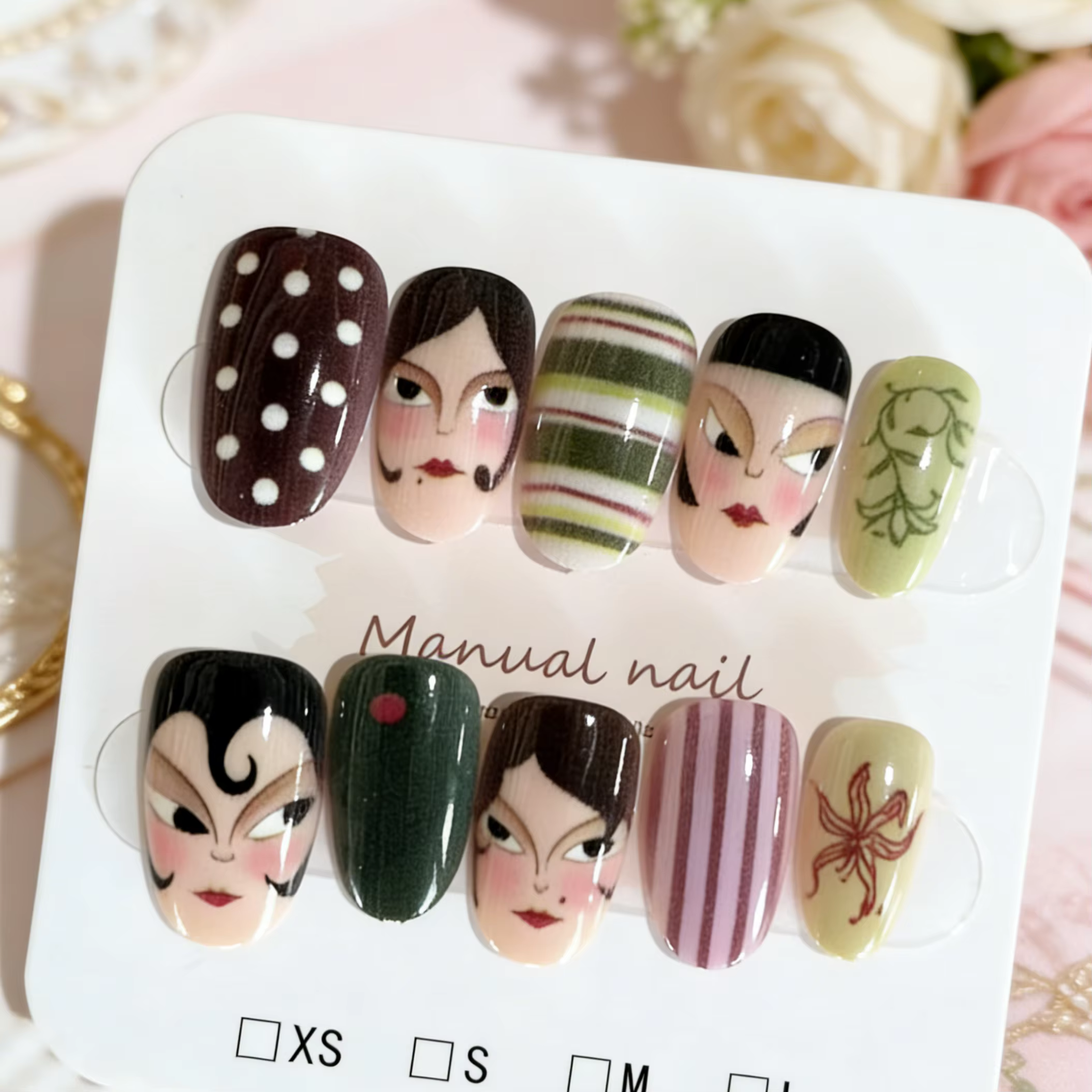 10 pièces de faux ongles ovales pressés à la main, magnifiques faux ongles, style fille peinture à l