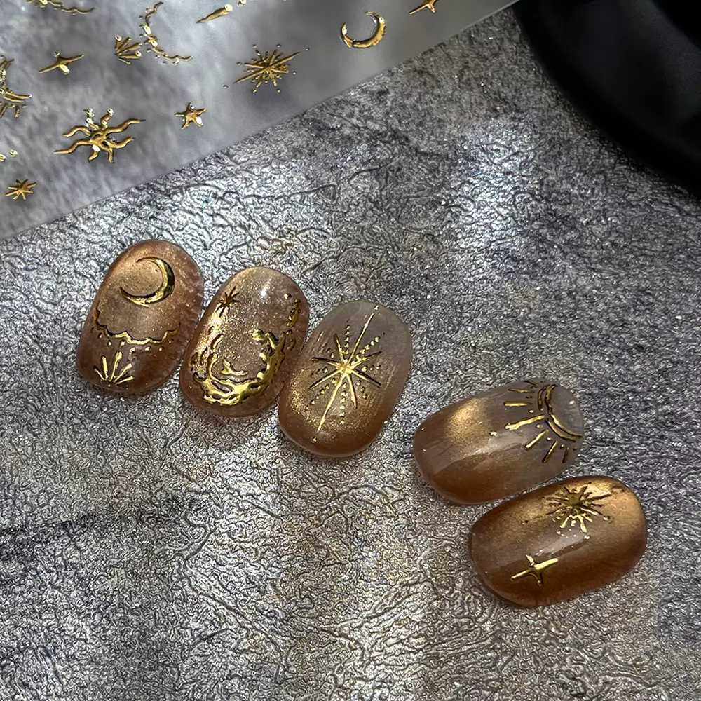 3D bronzant or lune étoile Nail Art autocollants rétro bohême soleil lune étoile ongles conceptions