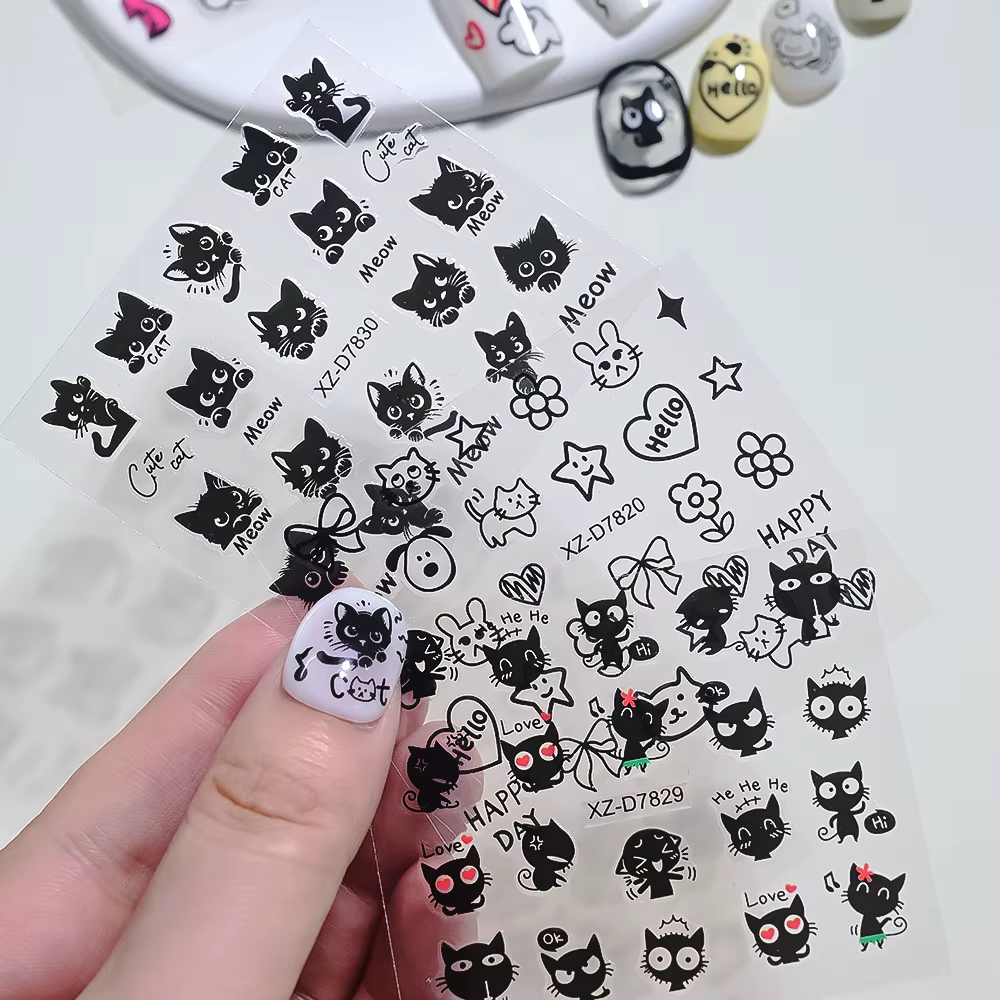30 pièces/ensemble 3D dessin animé chat Nail Art autocollants noir Graffiti Animal arc étoile coeur 