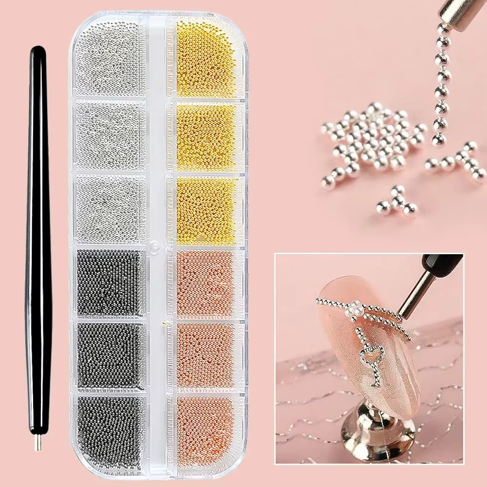 Mini perles de Caviar à 12 grilles, décorations pour Nail Art, Micro boule en métal or/argent, brelo