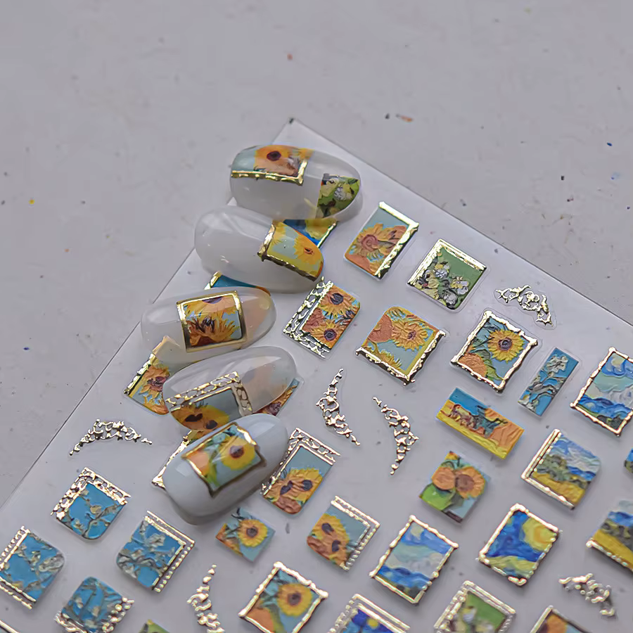 Autocollants pour ongles tournesol rétro, Style mixte, cadre Photo bronzant 5D, décorations de luxe