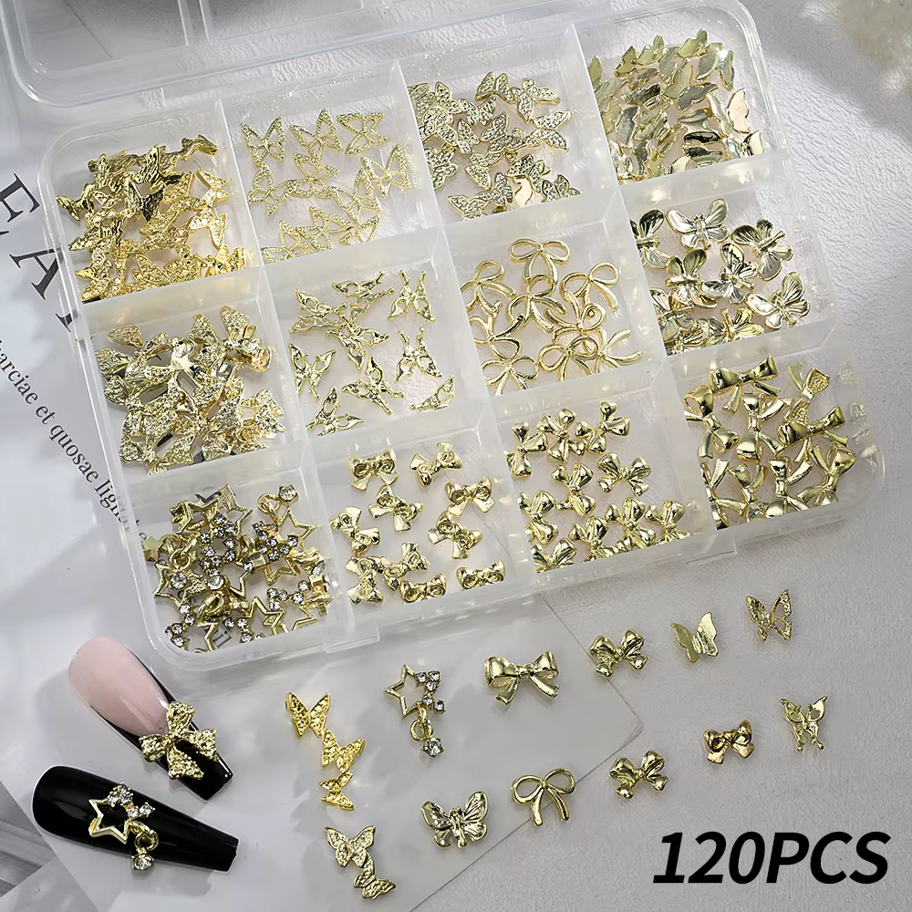 120 pièces/boîte 3D or arc papillon ongles breloques en métal brillant mignon noeud papillon/diamant