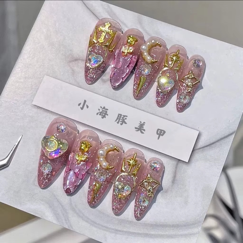 Patchs d'ongles Moon Nail brillants, motif Love, amovibles, roses, prêts à poser, étanches