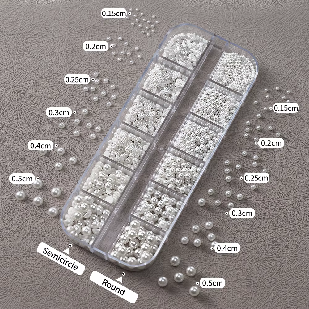12 grilles 3D perles blanches mélangées breloques pour ongles 0.15-0.5mm perles rondes/demi-cercle N