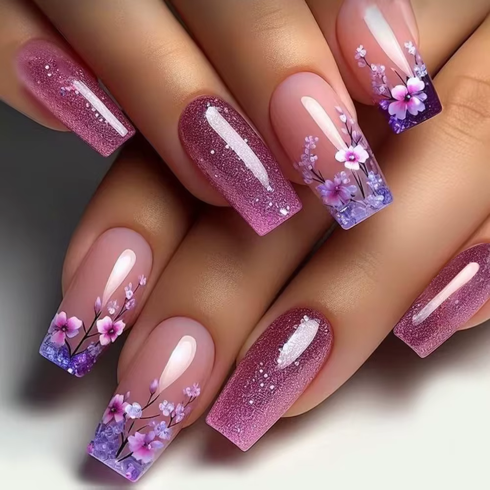24 pièces presse sur ongles fleur Design mi-long Ballet faux ongles mode marron couverture complète