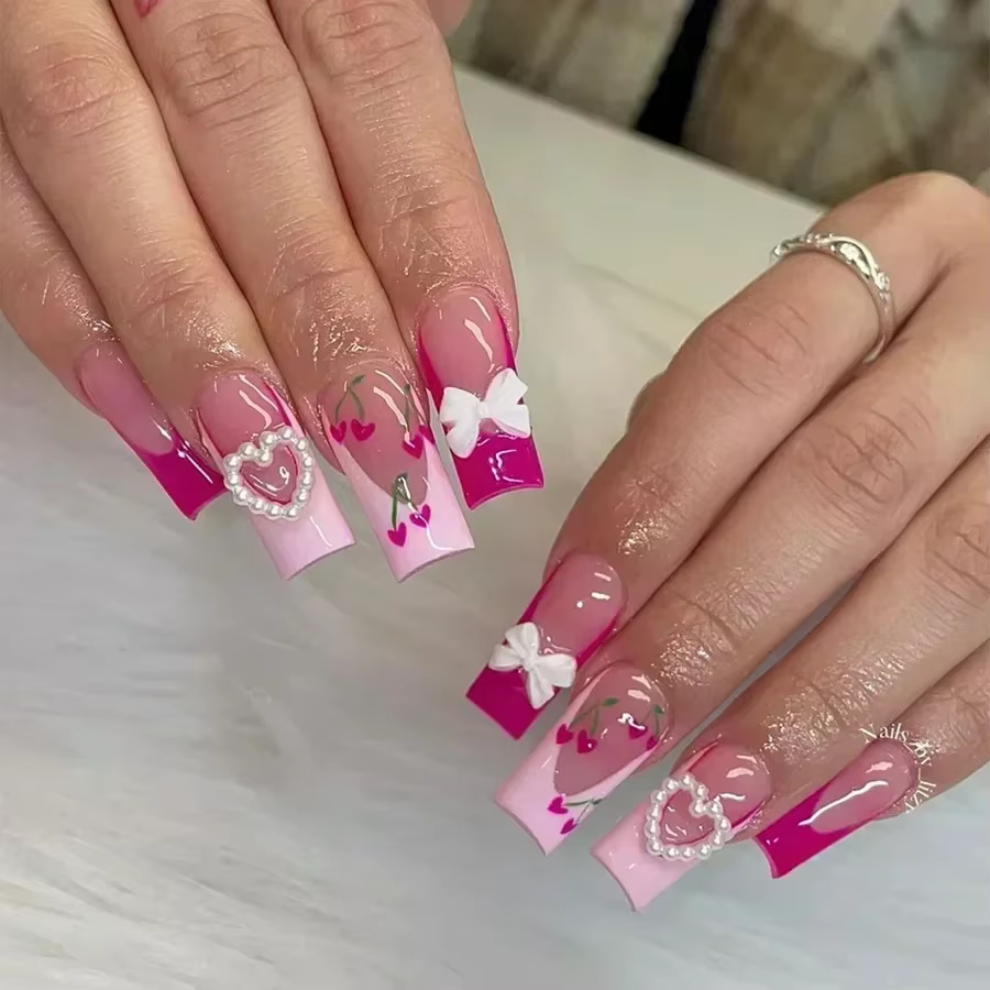 Faux ongles français à motif zèbre rose, à pression, en forme de cercueil, carrés moyens, Y2k, couve