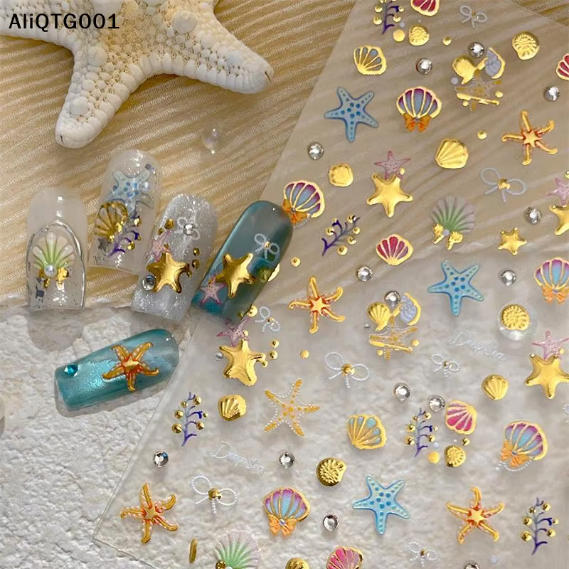 Autocollants 3D d'été pour ongles, thème océan : étoiles de mer, coquillages, palourdes, conques, co