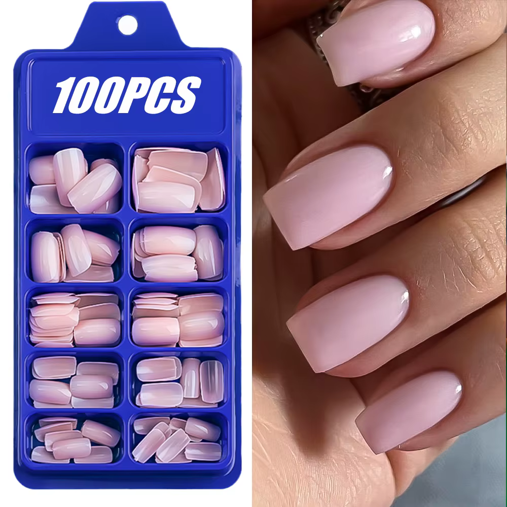 100 pièces rose clair presse sur ongles court moyen carré portable faux ongles conseils 10 tailles c