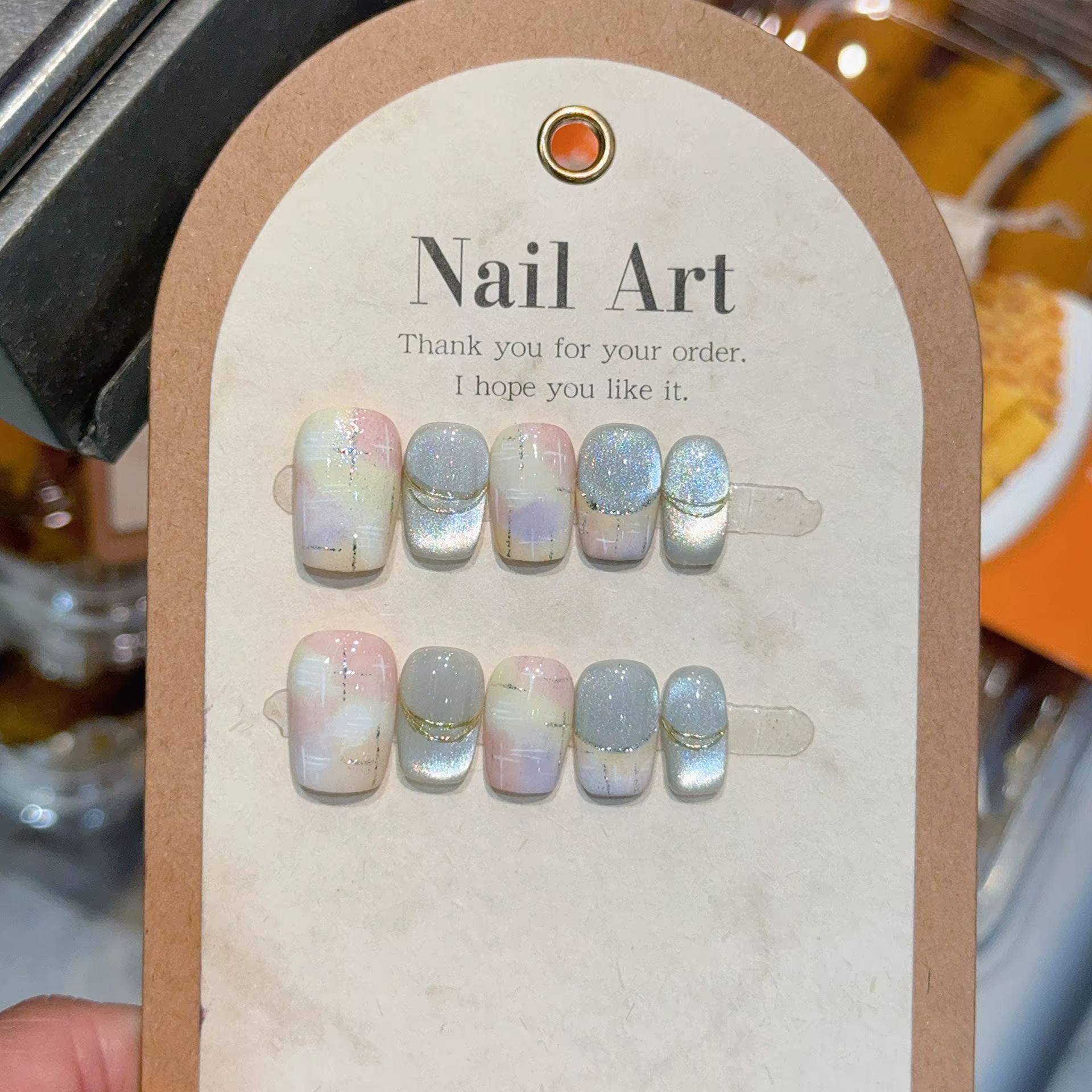 10 pièces français à la main presse sur ongles bleu oeil de chat faux ongles portable à coller ongle
