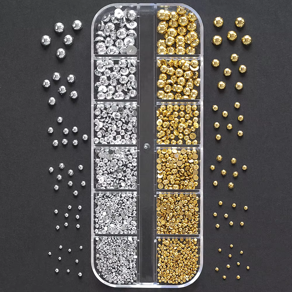 1 boîte de strass demi-ronds à dos plat pour ongles, multi-tailles, perles métalliques or et argent,