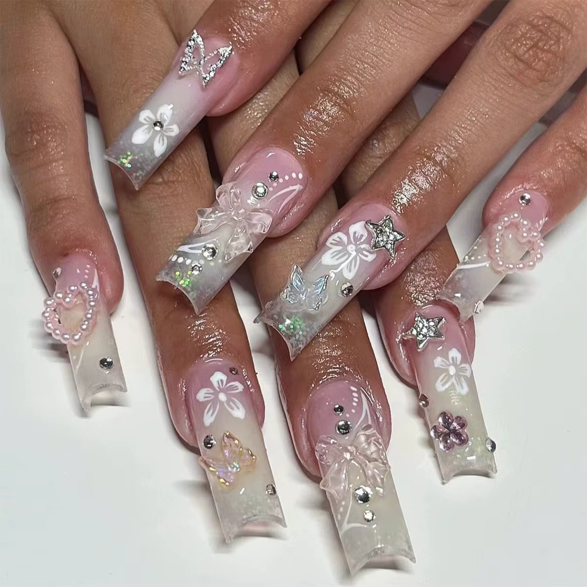 24 pièces blanc frontière française portable cercueil couleur diamant faux ongles conseils fleur con