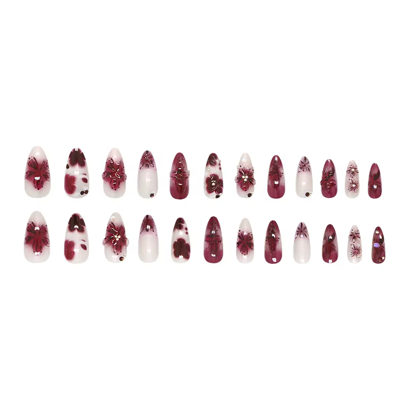 24 pièces fleur impression presse sur ongles vin rouge Blush amande faux ongles conseils portable ré