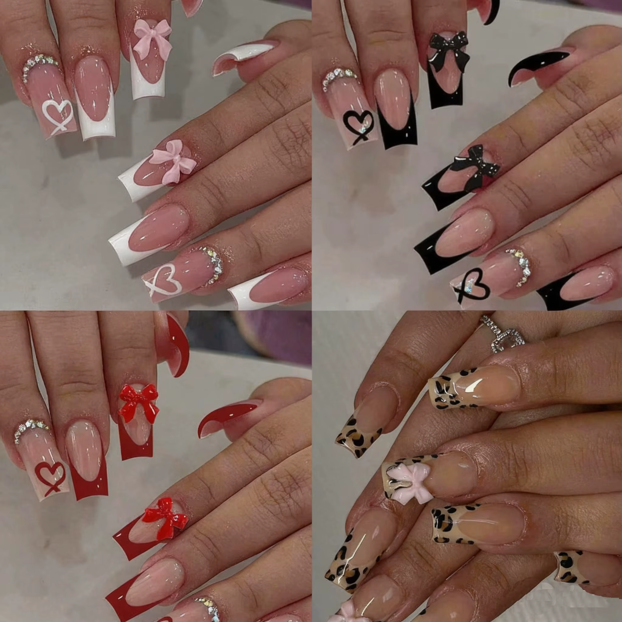 Faux ongles cercueil moyens avec pendentif à nœud 3d, 96 pièces, ongles acryliques en forme de cœur,