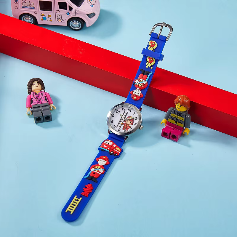 Montre de pompier pour enfants, camion de pompier de dessin animé 3D, bracelet en Silicone souple, D