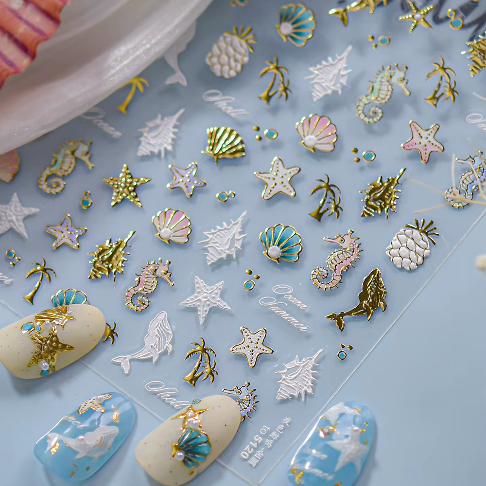 Autocollant de manucure auto-adhésif pour Nail Art, coquille d'océan, étoile de mer, conque, baleine
