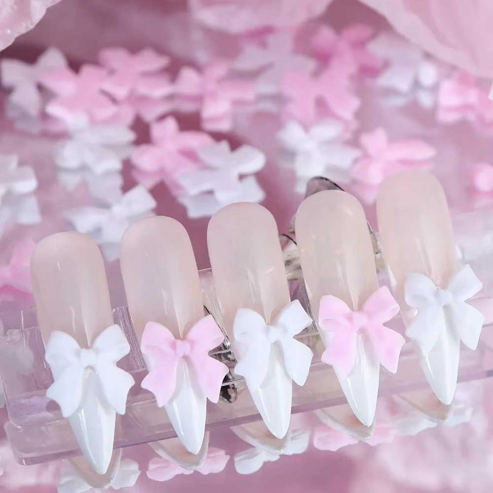 Breloques pour ongles avec nœud en ruban rose et blanc, pièces rouges coréennes, décoration de crava
