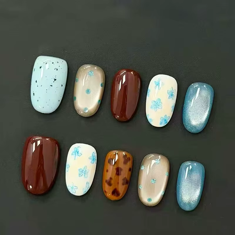 30 faux ongles turquoise, caramel et œil de chat à effet dopamine, ongles ovales courts à presser – 