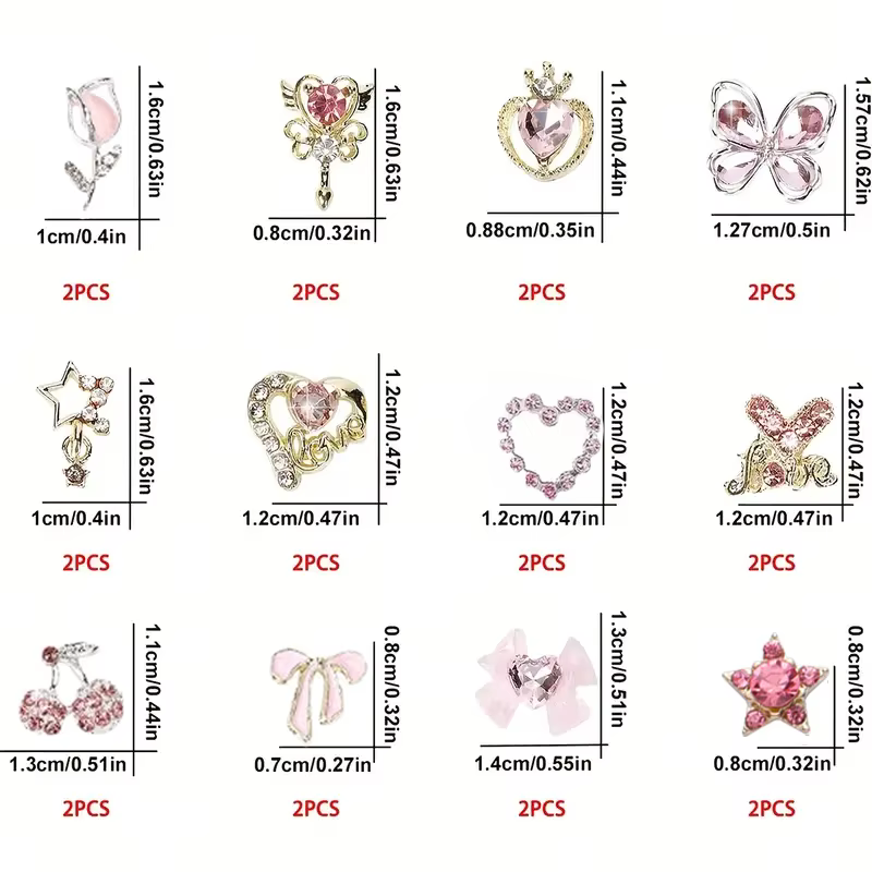 24 pièces breloques pour ongles Y2k alliage Nail Art strass breloques 3D coeur étoile arc avec stras