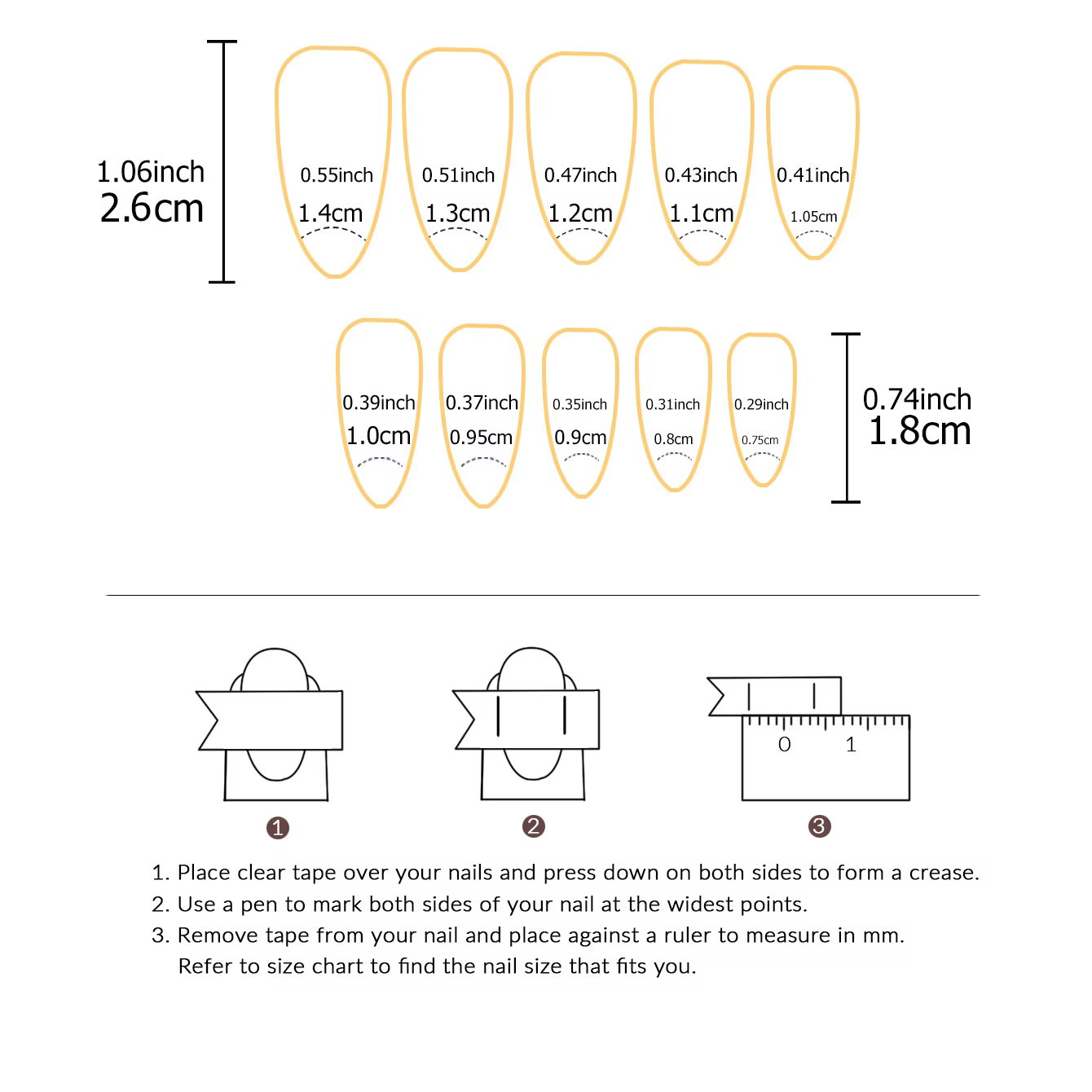 Faux ongles en amande à bord français noir, 24 pièces, avec motif cœur et ligne, faux ongles en acry