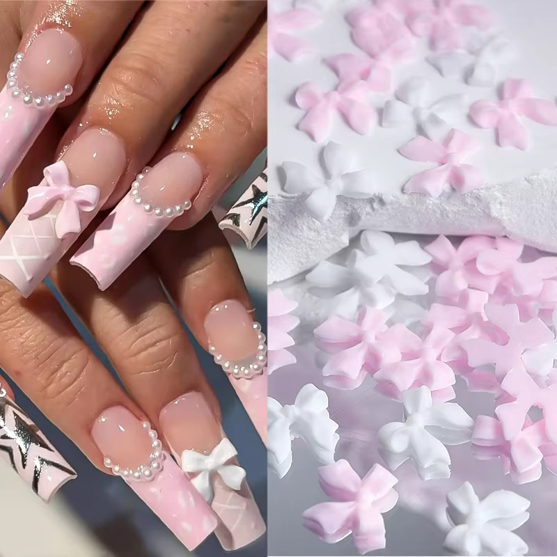 Breloques pour ongles avec nœud en ruban rose et blanc, pièces rouges coréennes, décoration de crava
