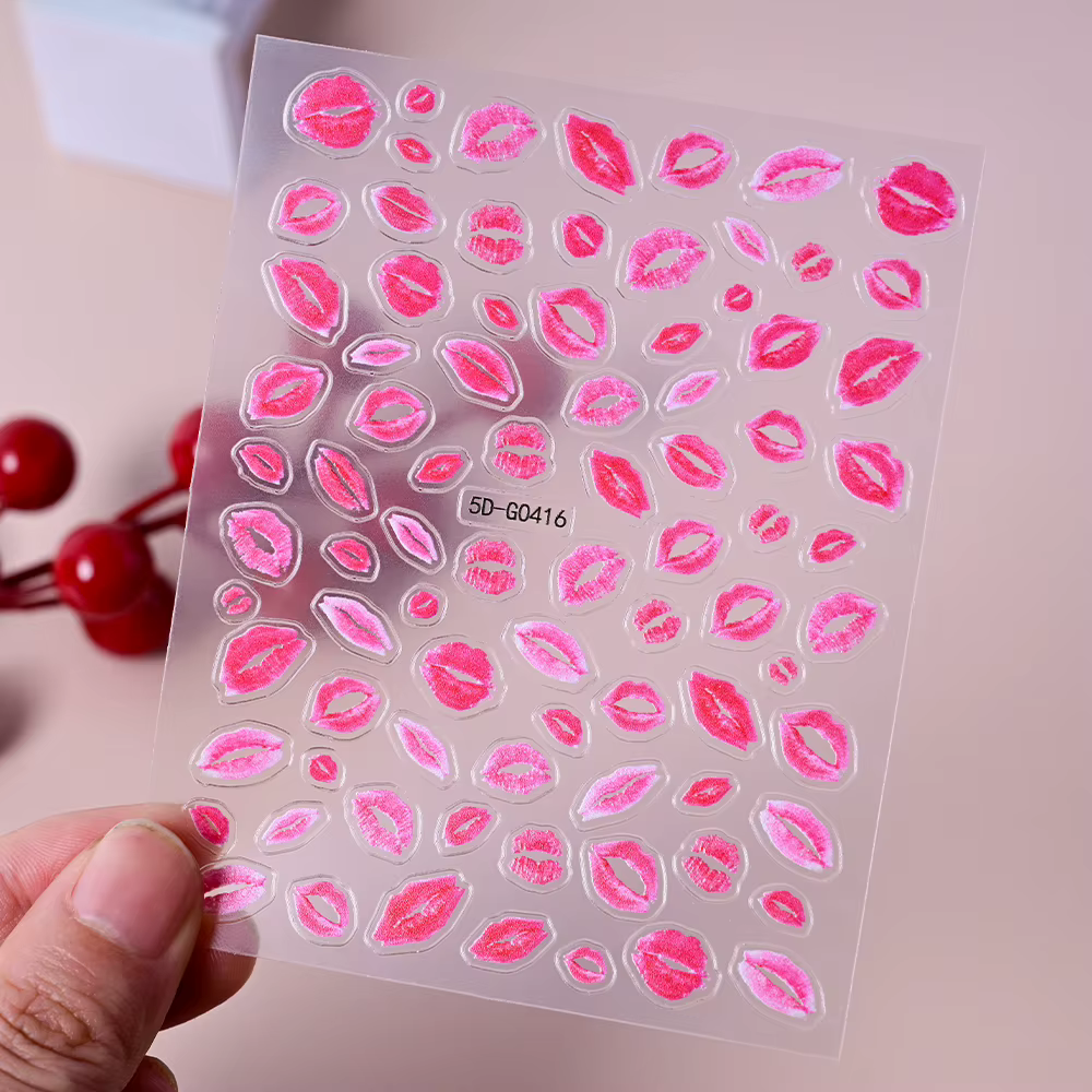 Autocollants 5D pour les ongles, décalcomanies roses, léopard, lèvres, mignon, macaron, cœur, étoile