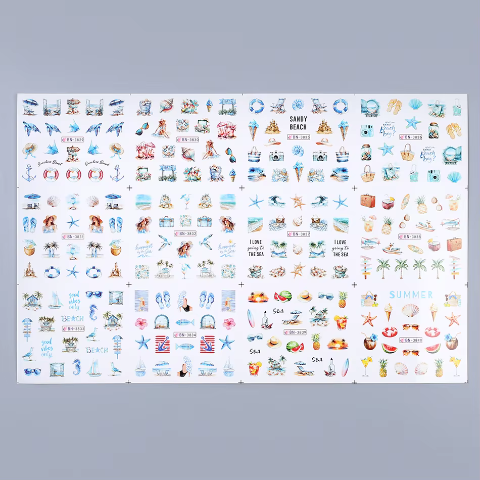 12 Motifs Autocollants Ongles Thème Océan Estival Coquillages Étoiles de Mer Méduses Décoration Manu