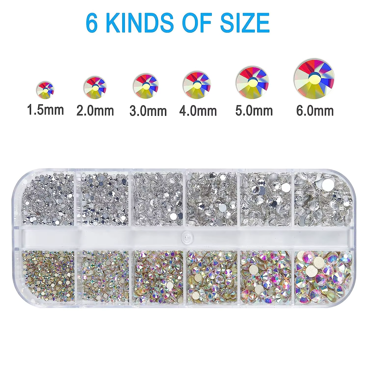 Kit de strass pour Nail Art, pierres précieuses en verre AB à dos plat, avec 1 boîte d'organisation 