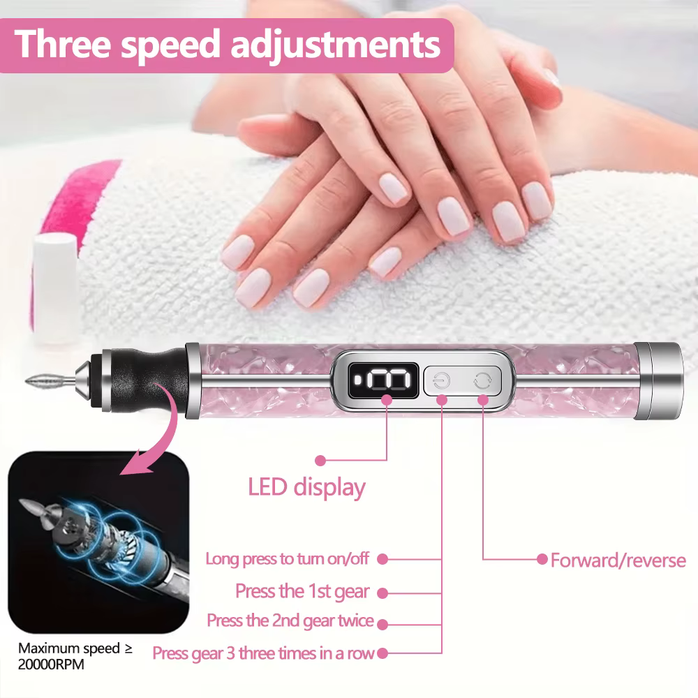 Ensemble de limes à ongles électriques sans fil, 4 vitesses réglables pour ongles en acrylique, faço