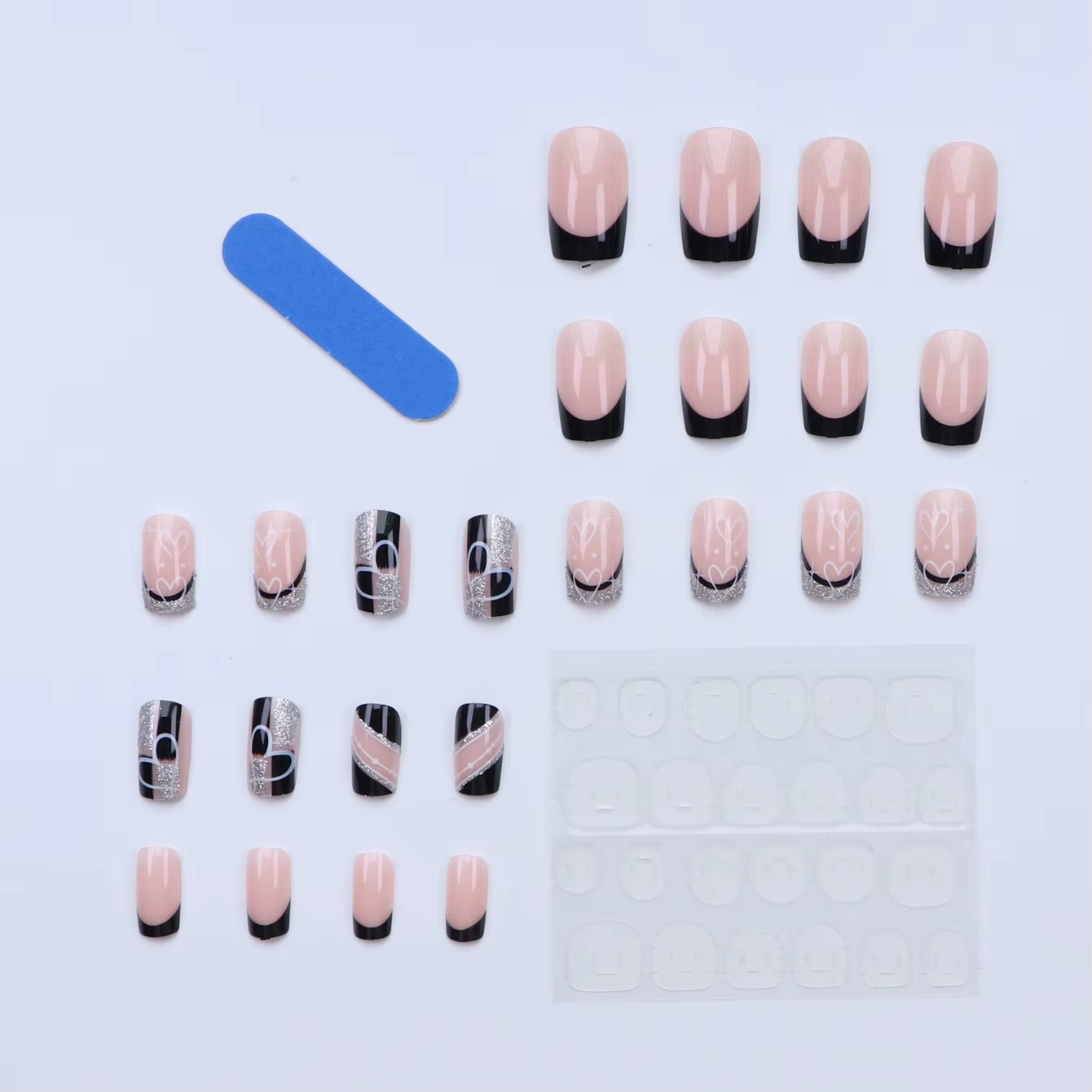 CuemployPusher-Faux ongles à paillettes argentées carrées noires, poignées amovibles et réutilisable