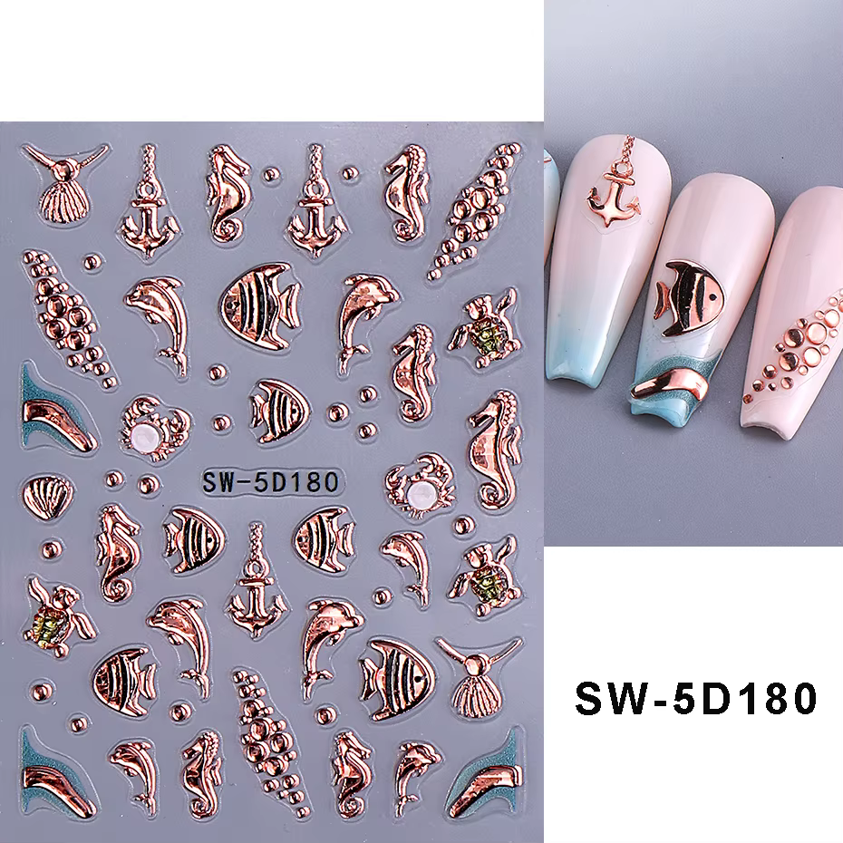 Autocollant pour ongles 5D, plage d'été, coquille, océan, étoile de mer, poisson, décalcomanies auto