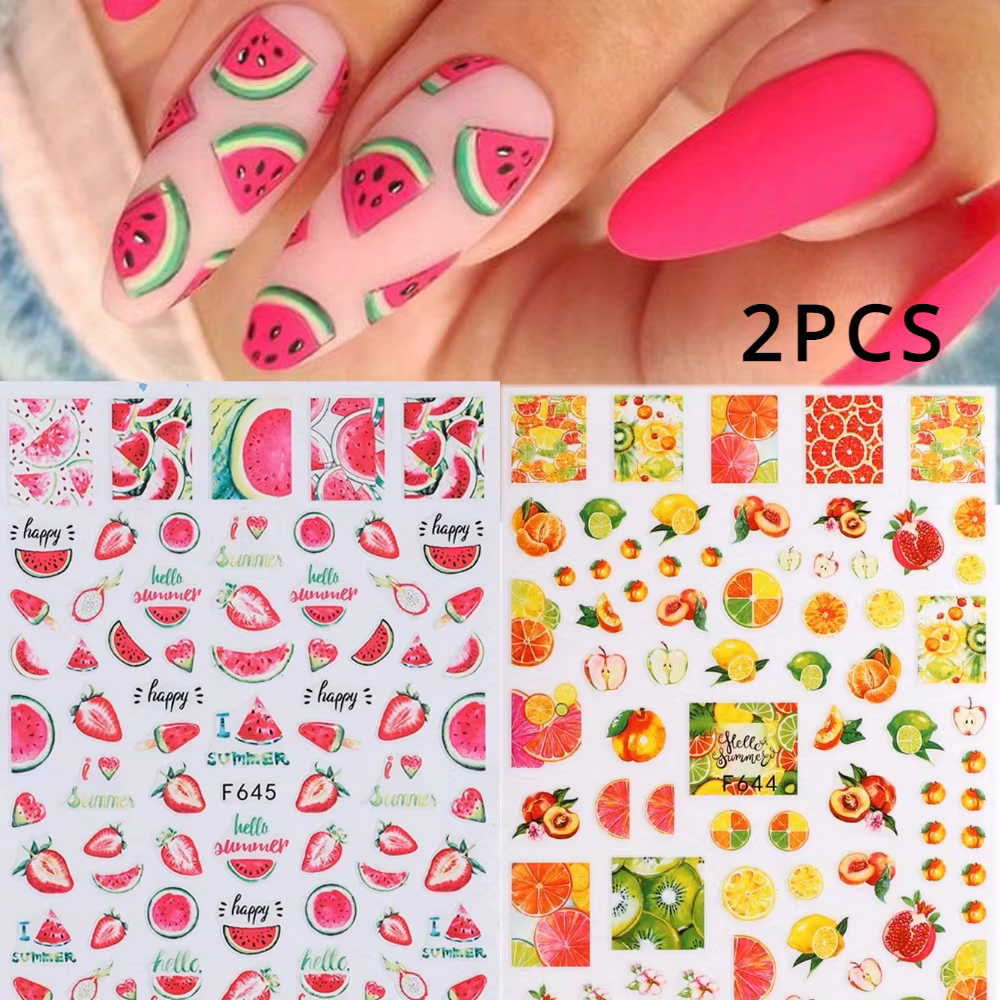 Lot de 2 autocollants pour ongles sur le thème des fruits, avec motifs de pastèque rouge, d'orange e