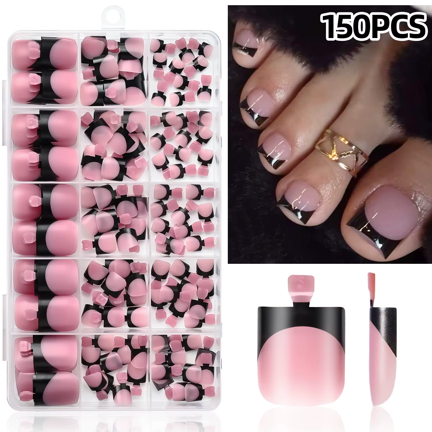 150 faux ongles de pieds noirs, rouge rosé, courts, carrés, mats, style French, à presser, en gel, p