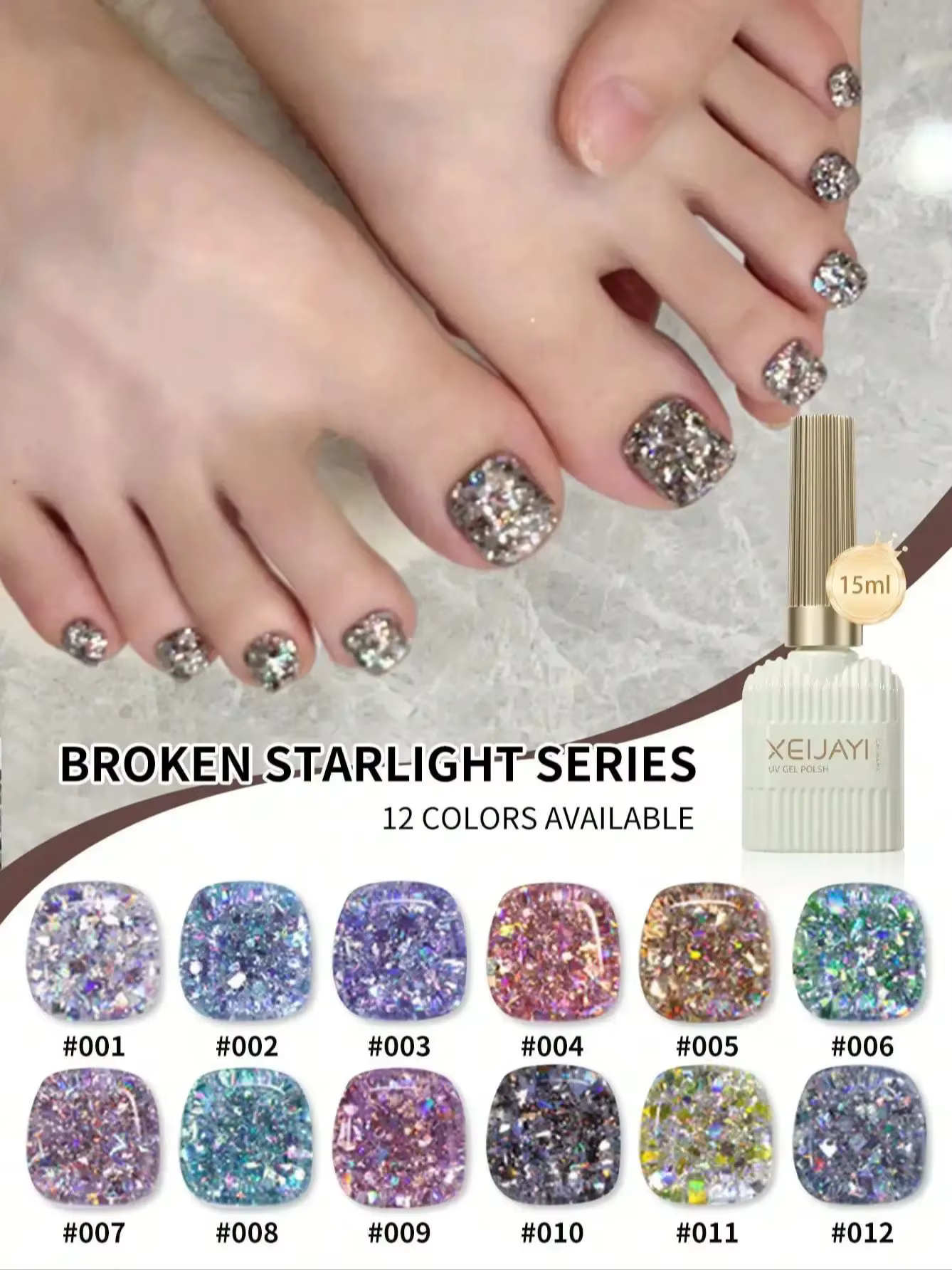 Vernis à ongles Gel argenté à paillettes, série droite cassée de 15ml, vernis Semi-permanent à tremp