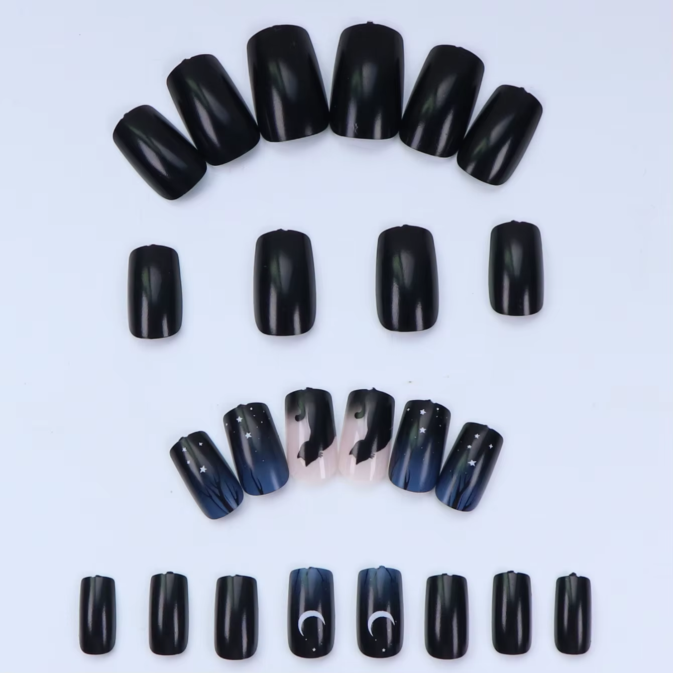 Colle pour faux ongles en acrylique, 24 pièces, courte, carrée, brillante, chat noir, pâte dégradée