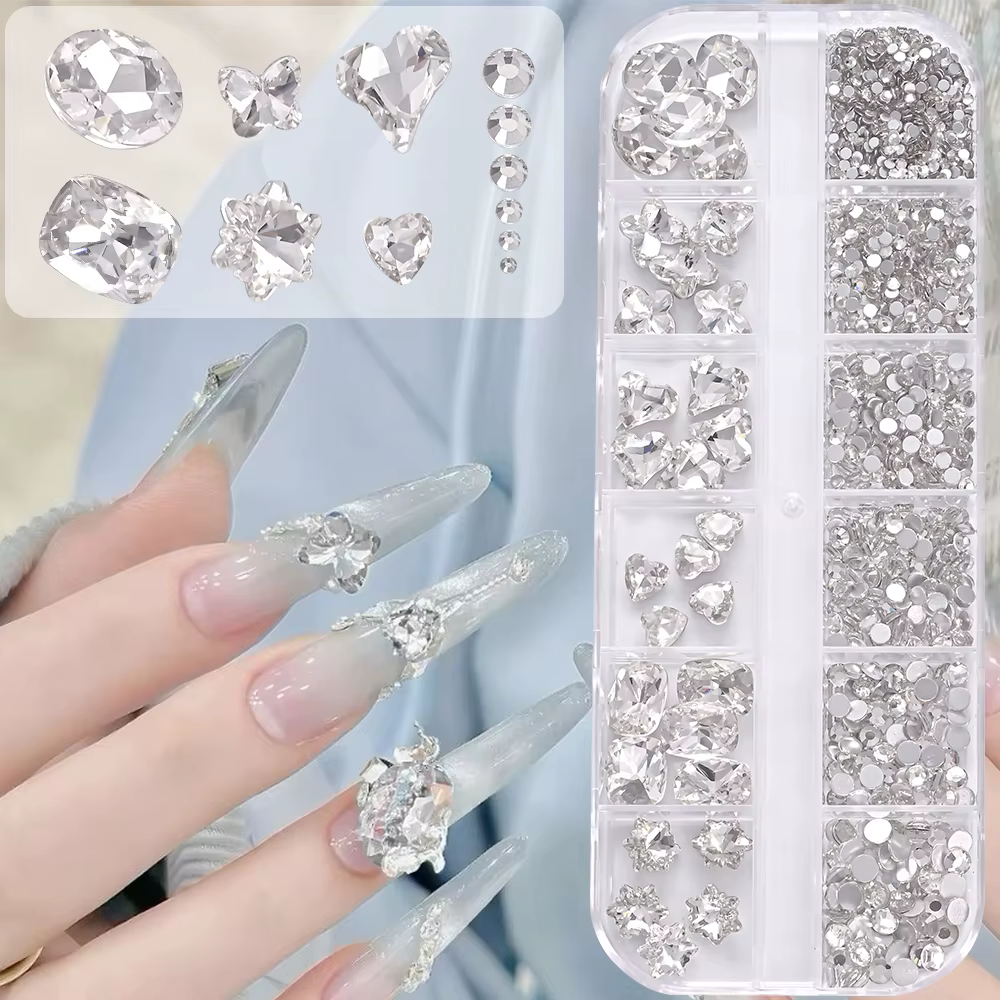 1 boîte de strass 3D transparents pour Nail Art, 12 formes ovales mixtes, papillon, cœur, fleur, bre