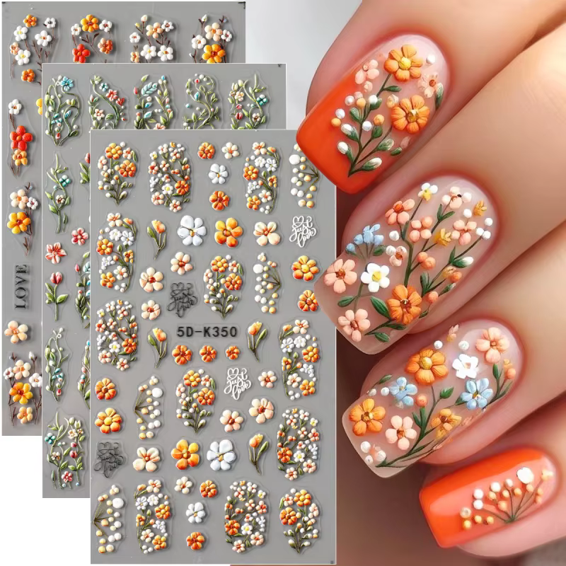 Autocollants pour ongles en relief marguerite 5D, motifs floraux frais de printemps, décalcomanies a