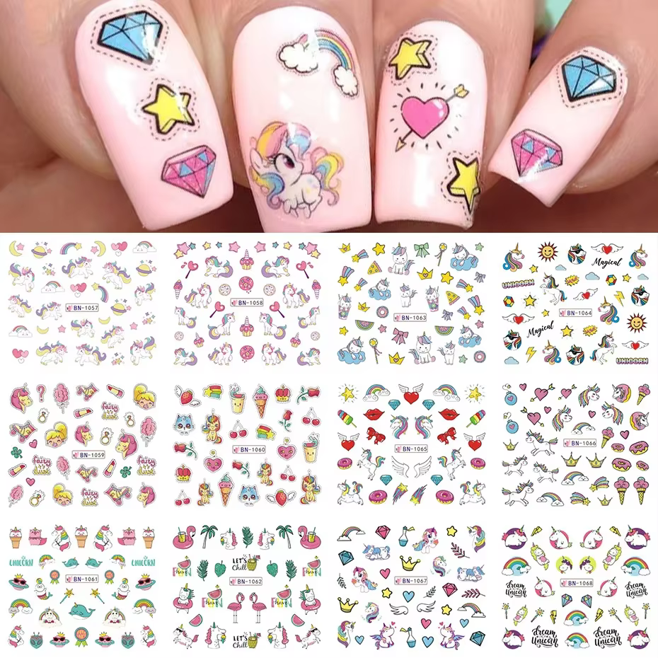 Autocollants pour ongles à l'eau, flamant rose romantique, feuilles de palmier, pastèque, transfert 